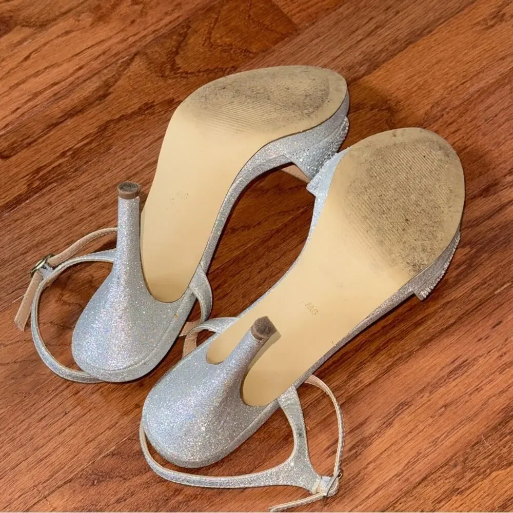 Badgley Mischka Stiletto Silver Shimmer Rhinestone Heels Shoes 9W